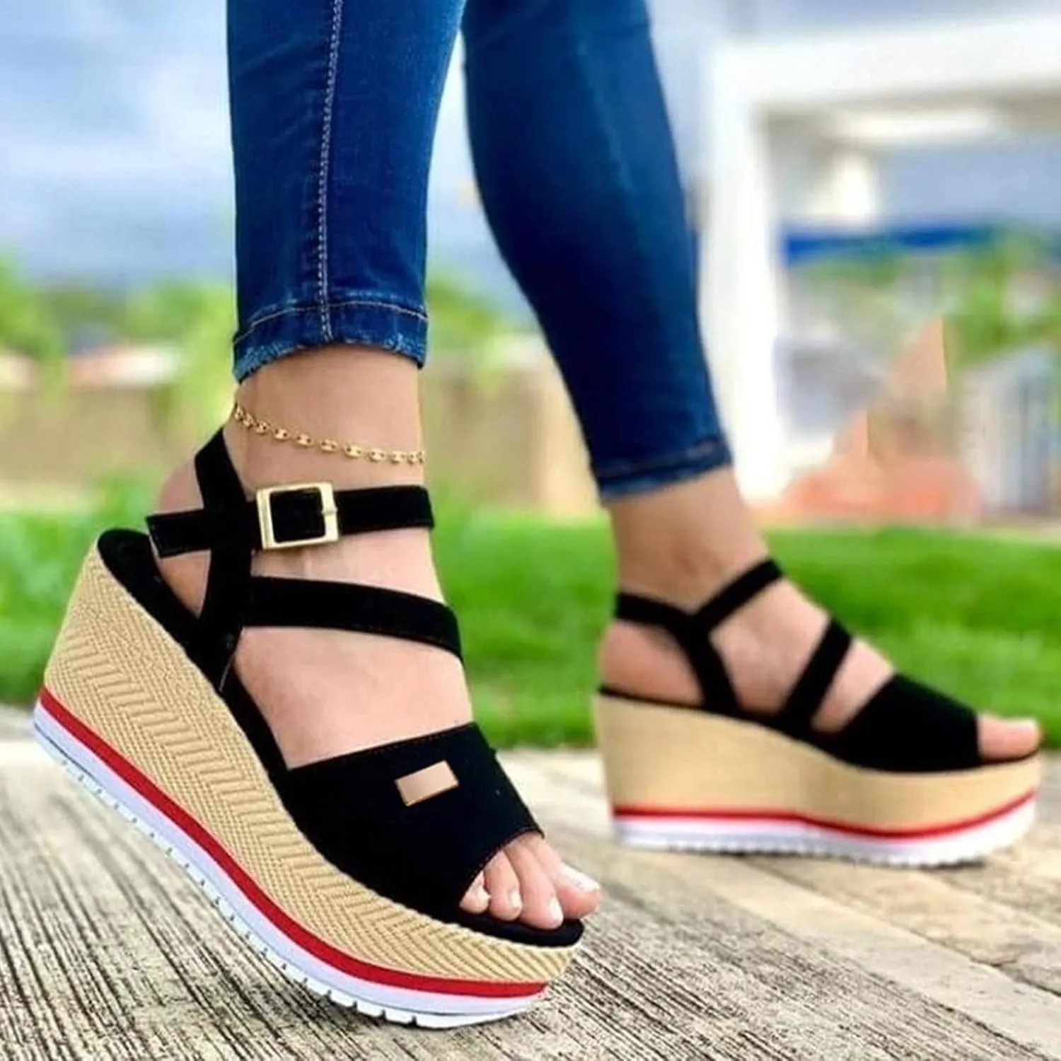 Sandals for Women Platforms, Summer Open Toe Wedge Sandals 2021 Espadrilles Ankle Buckle Strap Beach Vacation Sandals