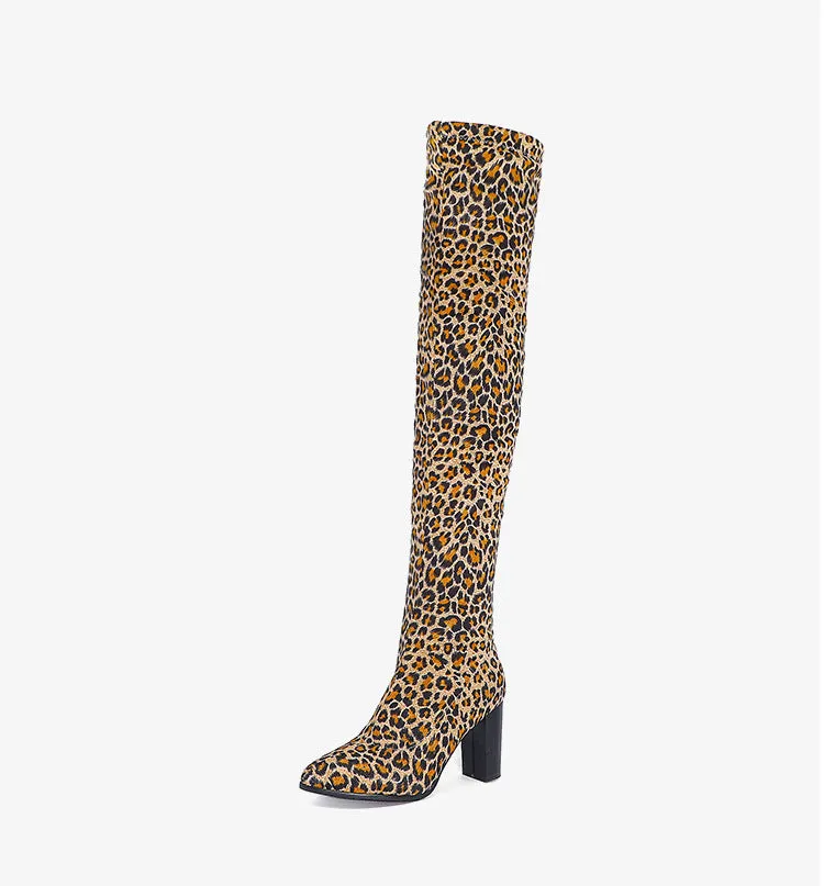 Stretchy chunky heels thigh boots