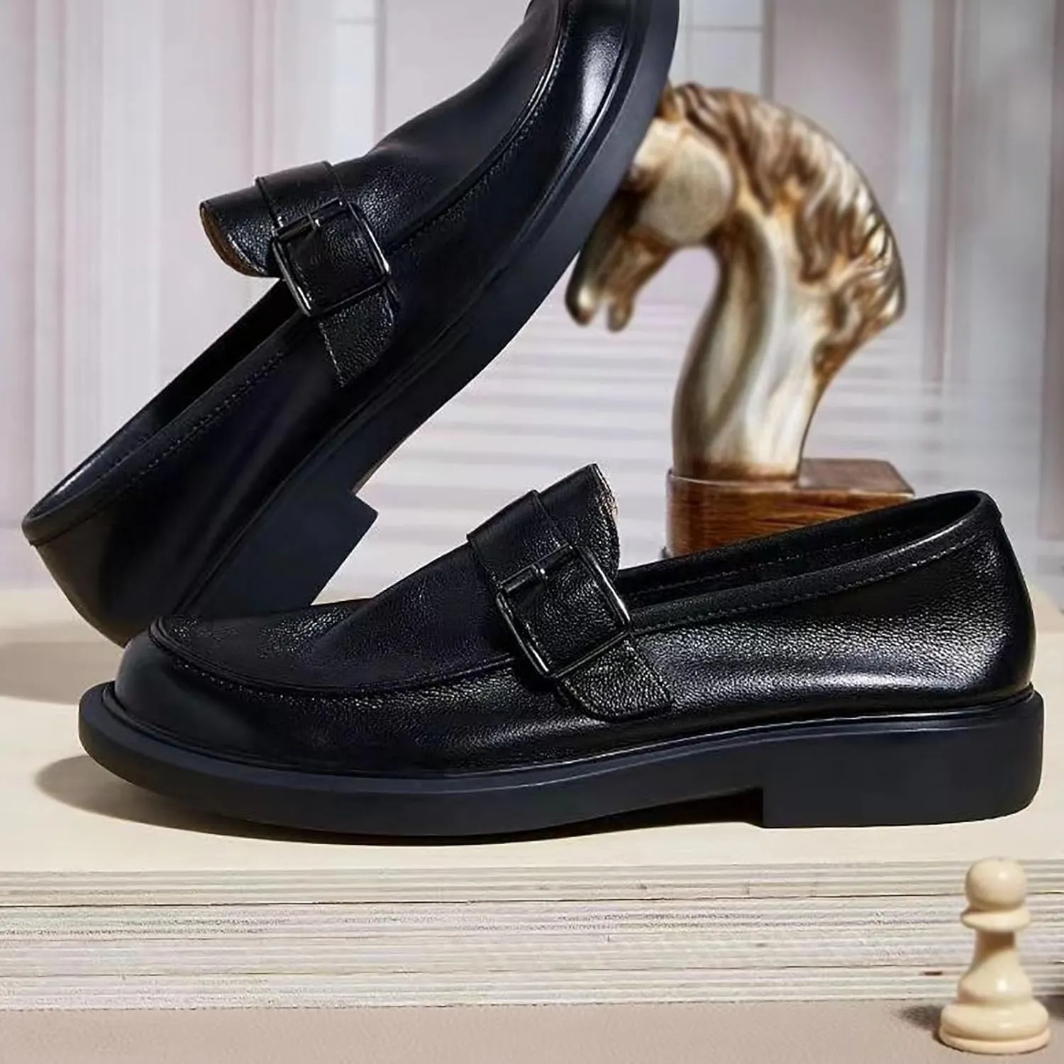 Top Layer Cowhide Business Men's Leather Buckle Leather Shoes Men's, Comfortable and Soft Sole Slip-On Driving Shoes