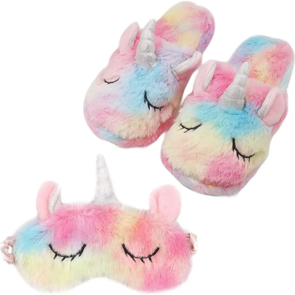 Unicorn Plush Slippers and Eye Mask Set