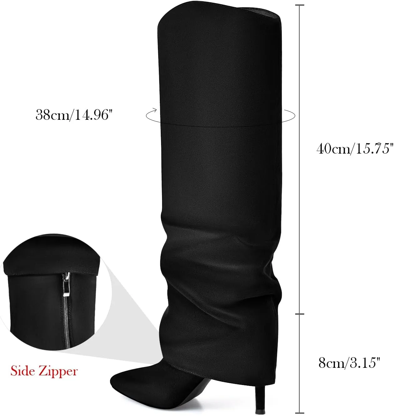 Vaslemuse Womens Fold Over Knee High Boots Stiletto High Heel Slouchy Tall Boots Pointed Toe Sexy Long Boots Fashion Dress Shoes with Side Zipper