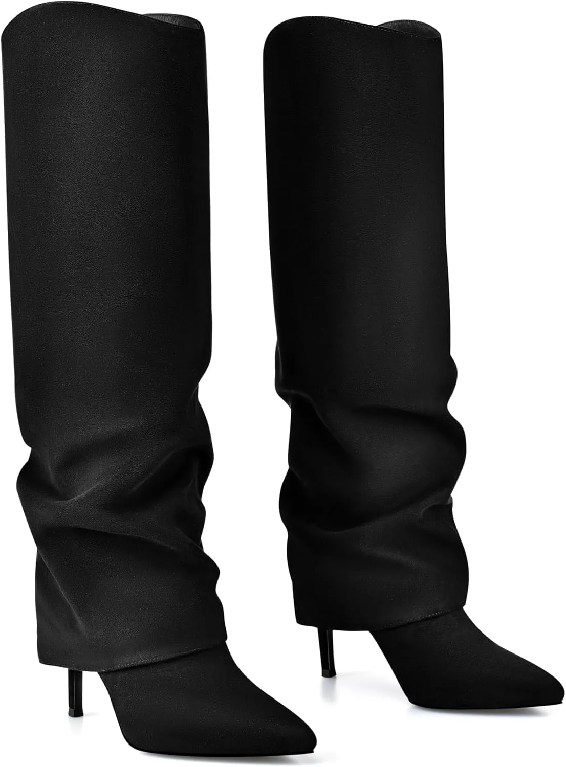 Vaslemuse Womens Fold Over Knee High Boots Stiletto High Heel Slouchy Tall Boots Pointed Toe Sexy Long Boots Fashion Dress Shoes with Side Zipper
