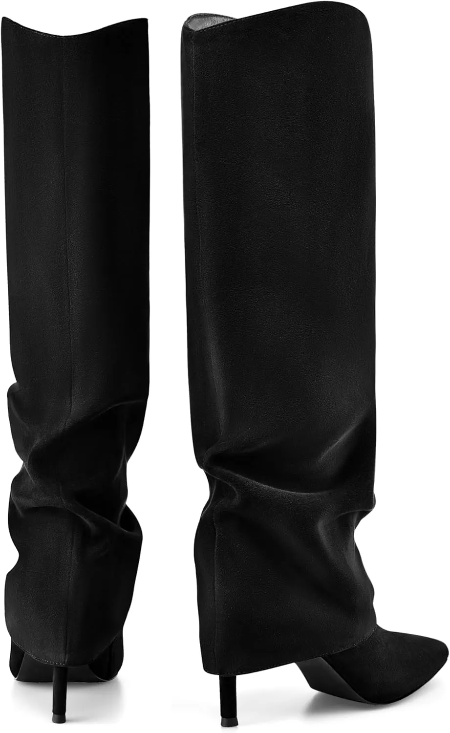 Vaslemuse Womens Fold Over Knee High Boots Stiletto High Heel Slouchy Tall Boots Pointed Toe Sexy Long Boots Fashion Dress Shoes with Side Zipper