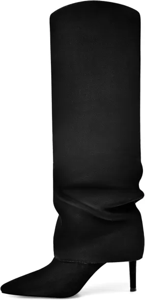 Vaslemuse Womens Fold Over Knee High Boots Stiletto High Heel Slouchy Tall Boots Pointed Toe Sexy Long Boots Fashion Dress Shoes with Side Zipper