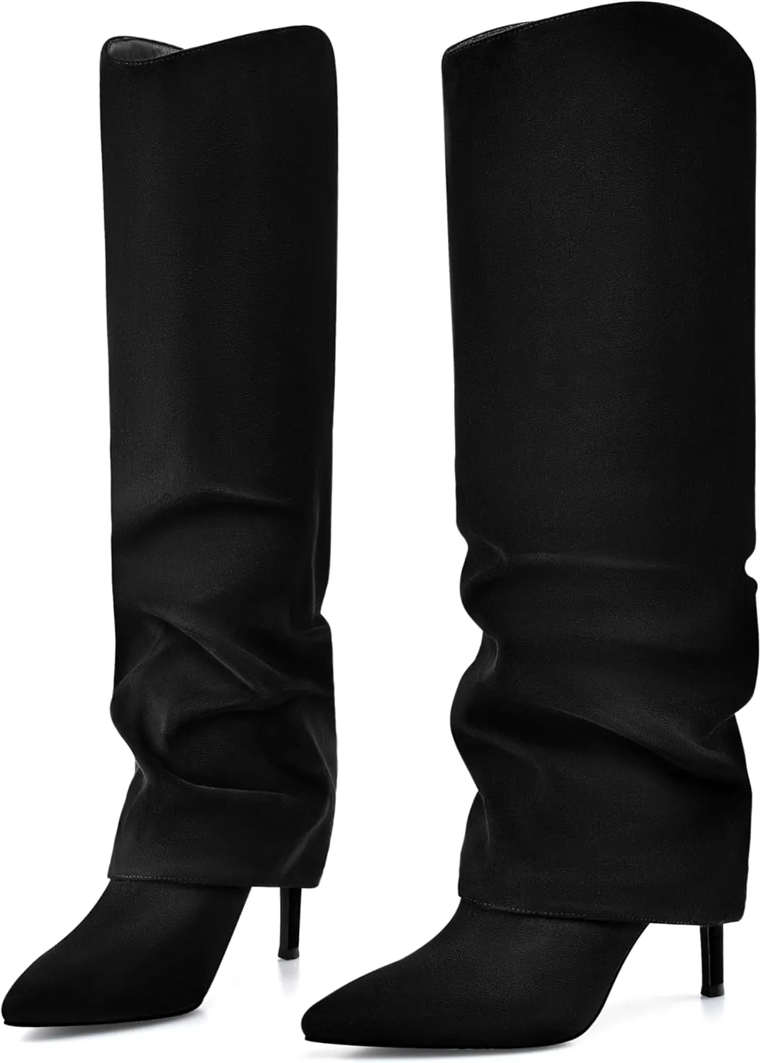 Vaslemuse Womens Fold Over Knee High Boots Stiletto High Heel Slouchy Tall Boots Pointed Toe Sexy Long Boots Fashion Dress Shoes with Side Zipper