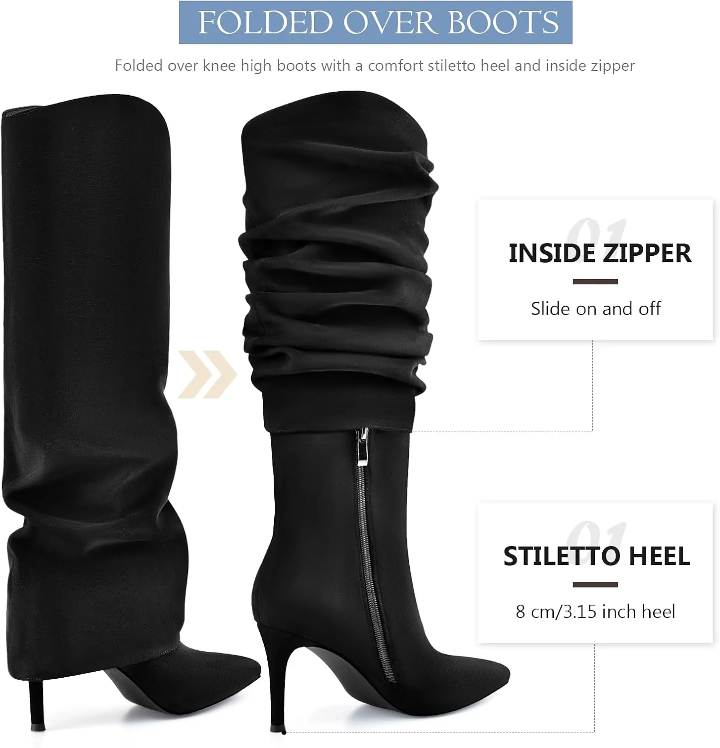 Vaslemuse Womens Fold Over Knee High Boots Stiletto High Heel Slouchy Tall Boots Pointed Toe Sexy Long Boots Fashion Dress Shoes with Side Zipper