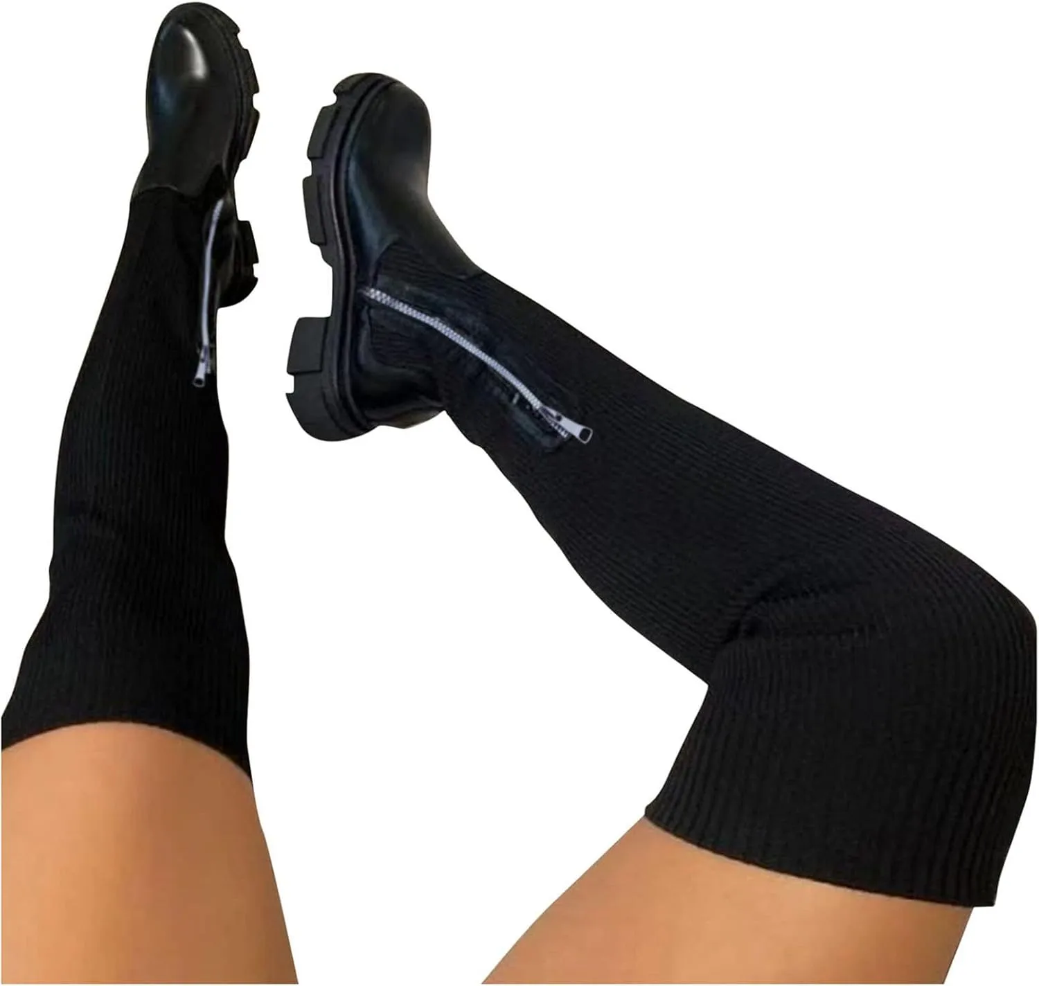 Women Black Thigh High Boots Suede Over The Knee High Boots Fashion Platform Chunky Heel Stretch Zip Boots