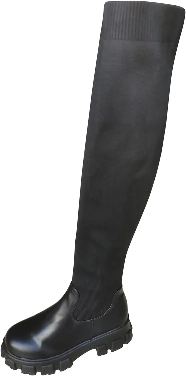 Women Black Thigh High Boots Suede Over The Knee High Boots Fashion Platform Chunky Heel Stretch Zip Boots