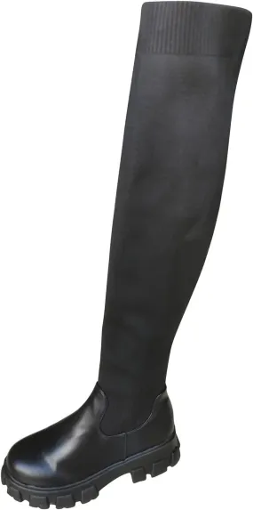 Women Black Thigh High Boots Suede Over The Knee High Boots Fashion Platform Chunky Heel Stretch Zip Boots