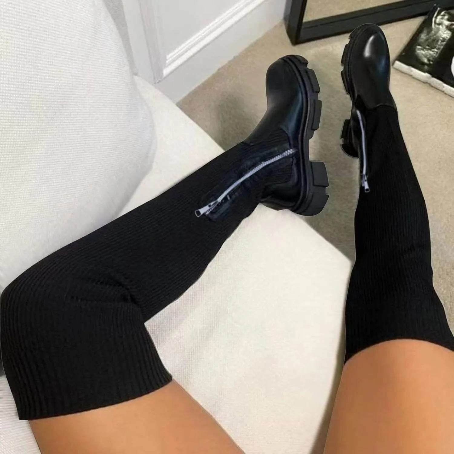 Women Black Thigh High Boots Suede Over The Knee High Boots Fashion Platform Chunky Heel Stretch Zip Boots
