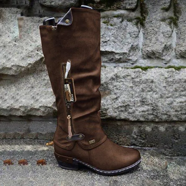 Women Studded Chunky Heel Round Toe Stitching Zipper Pocket Mid Calf Boots