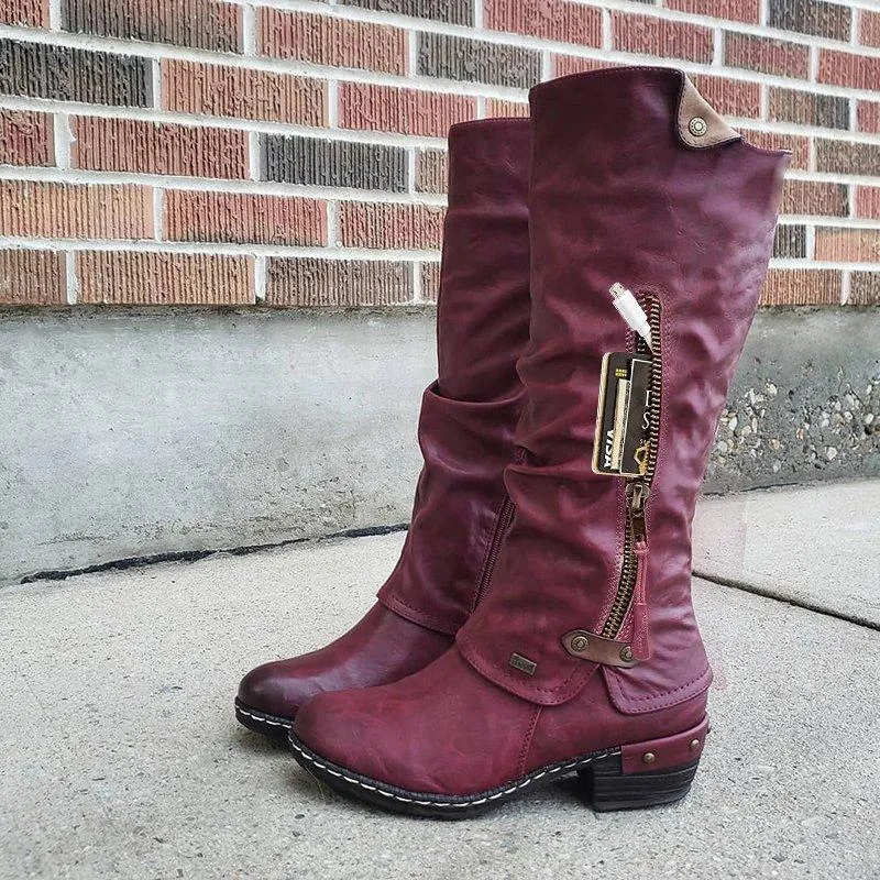 Women Studded Chunky Heel Round Toe Stitching Zipper Pocket Mid Calf Boots
