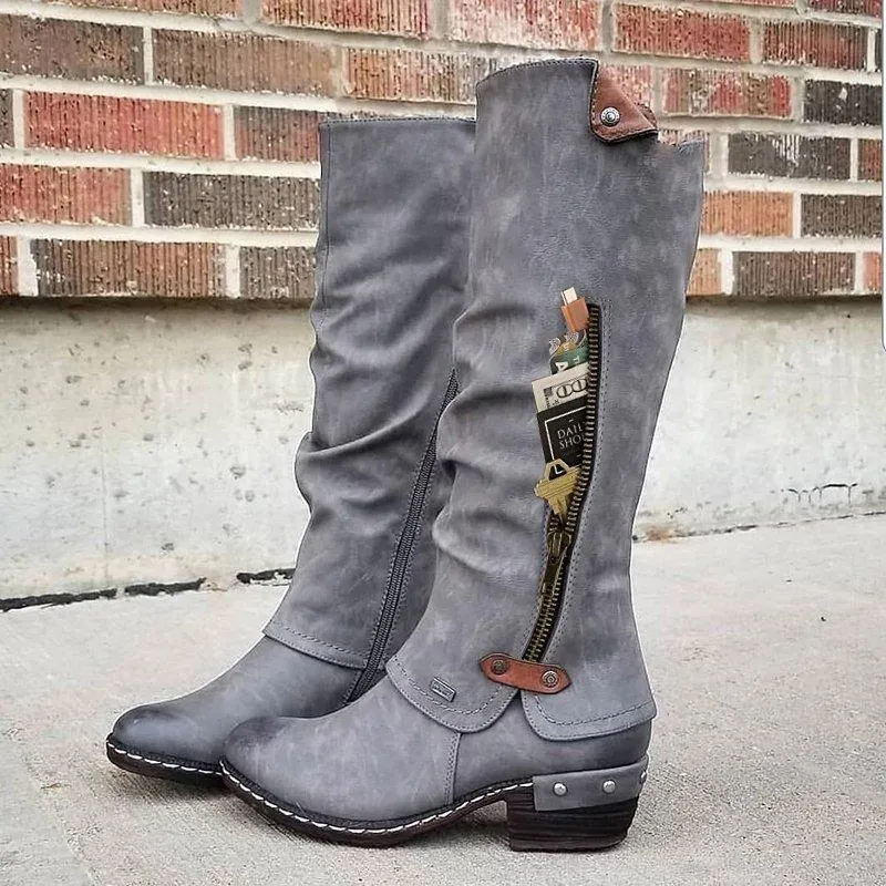 Women Studded Chunky Heel Round Toe Stitching Zipper Pocket Mid Calf Boots