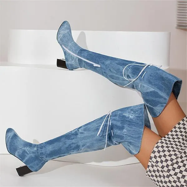 Women's Fashionable Chunk Heel Denim Over-the-Knee Boots 81332209S