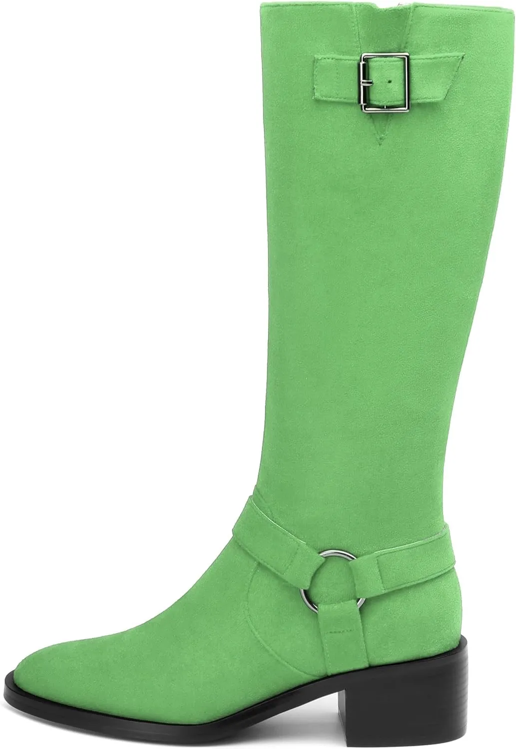 Women's Knee High Boots Buckle Fashion Side Zipper Knee High Bootie Round Toe Chunky Heel Solid Suede Knee High Boot