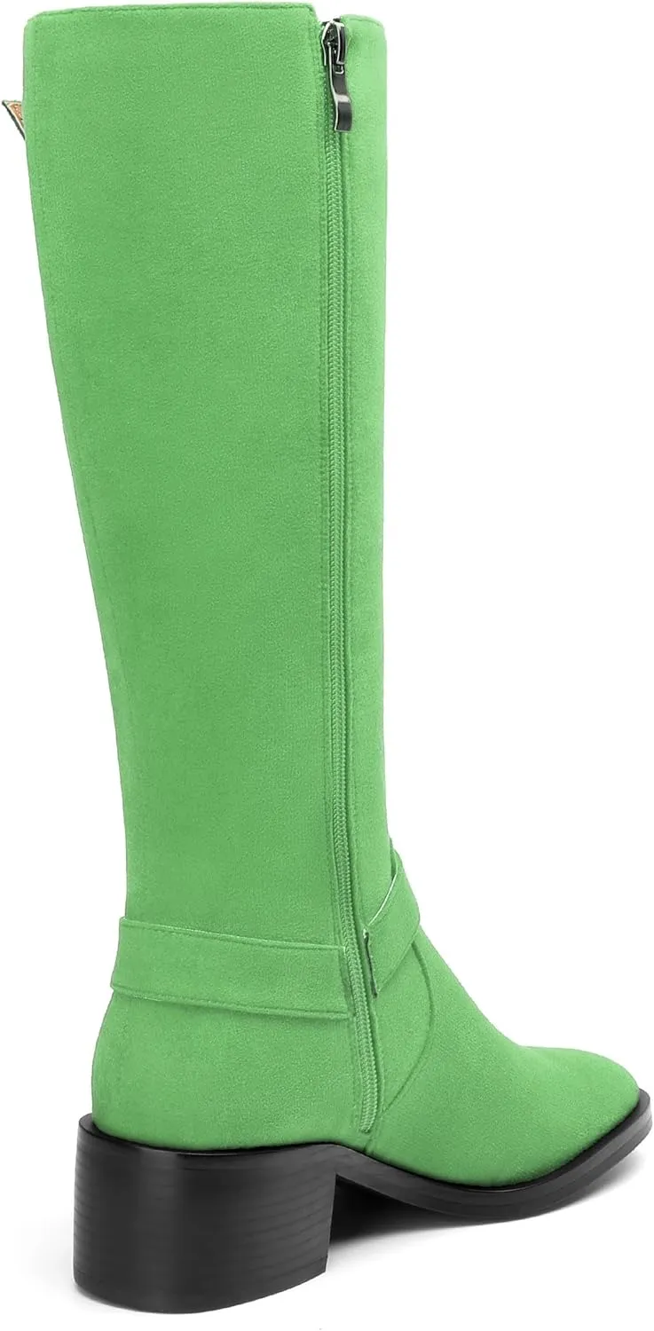 Women's Knee High Boots Buckle Fashion Side Zipper Knee High Bootie Round Toe Chunky Heel Solid Suede Knee High Boot
