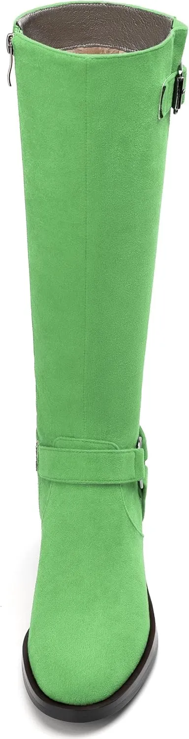 Women's Knee High Boots Buckle Fashion Side Zipper Knee High Bootie Round Toe Chunky Heel Solid Suede Knee High Boot
