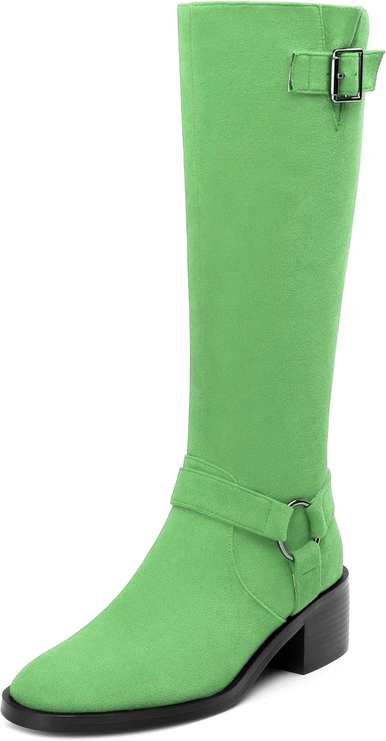 Women's Knee High Boots Buckle Fashion Side Zipper Knee High Bootie Round Toe Chunky Heel Solid Suede Knee High Boot