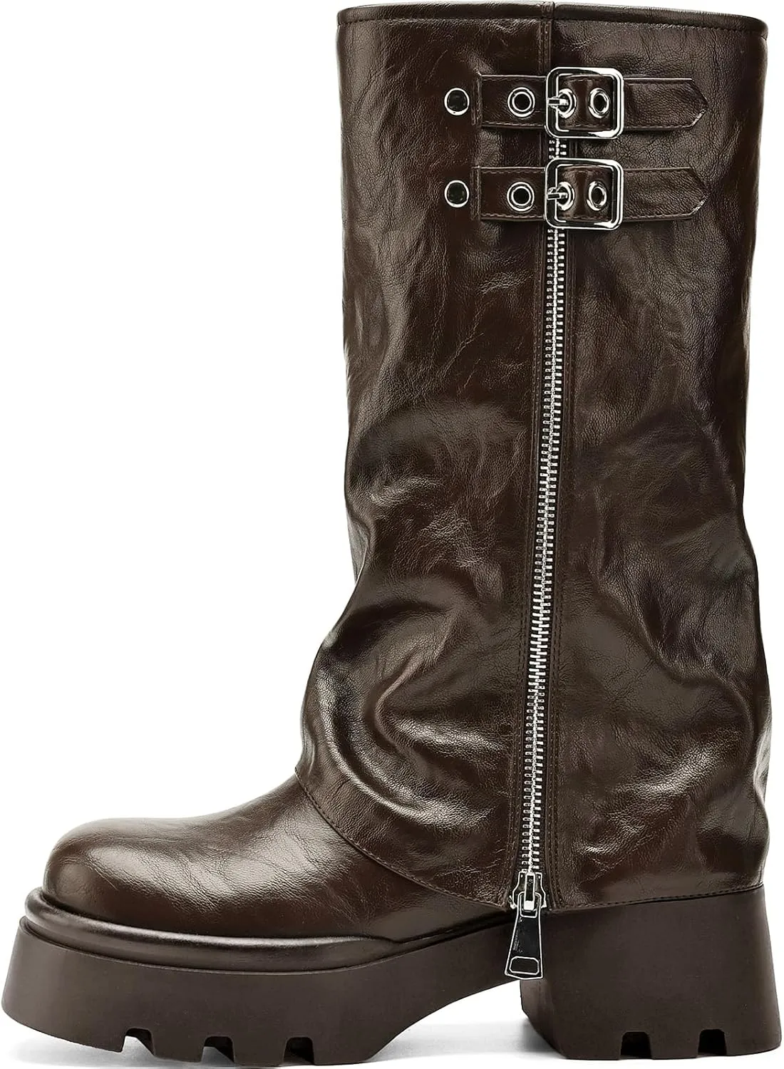 Women's Knee High Boots Comfortable Platform Round Toe Moto Boots Buckle Dress Fold Over Boots for Women