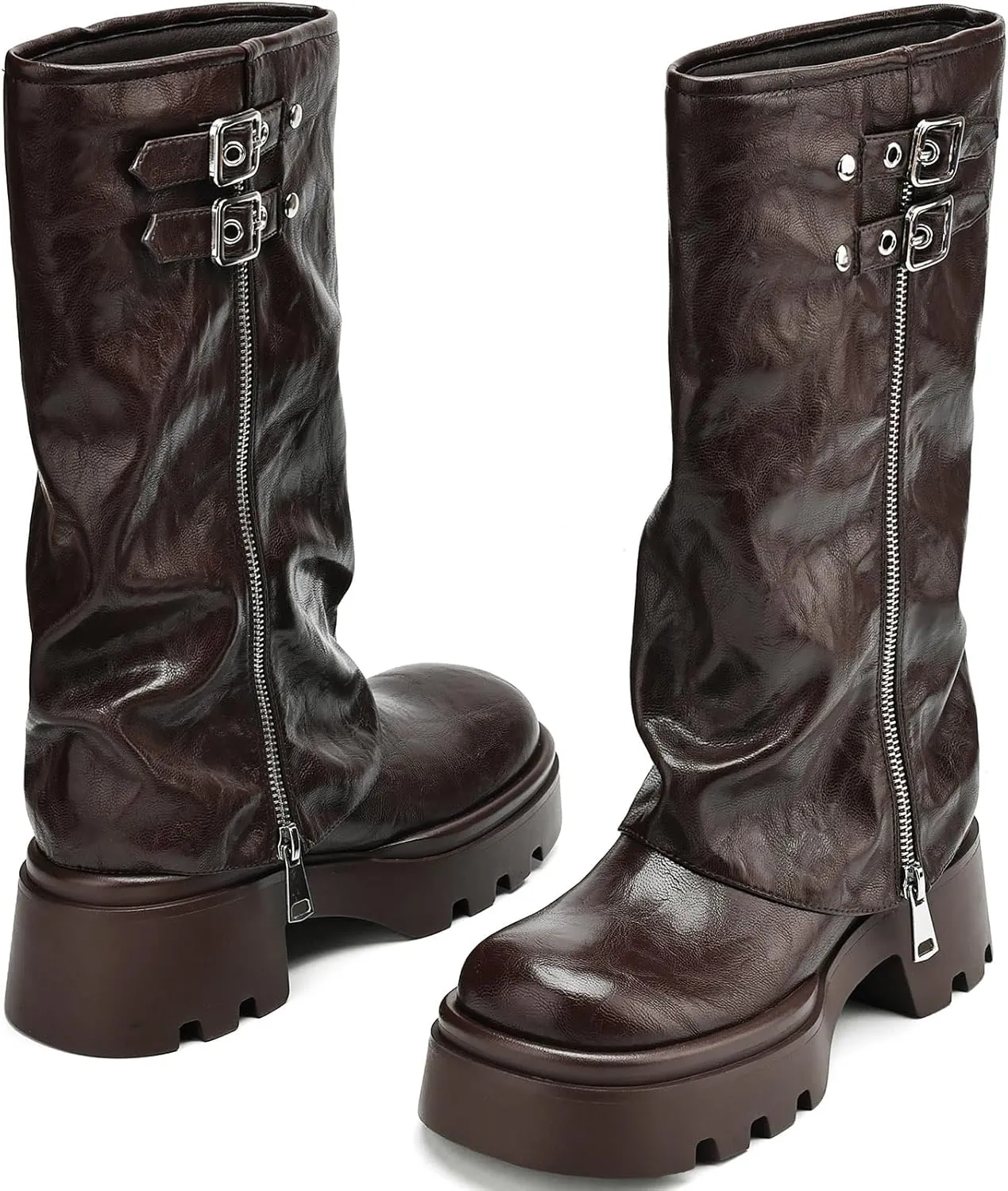 Women's Knee High Boots Comfortable Platform Round Toe Moto Boots Buckle Dress Fold Over Boots for Women