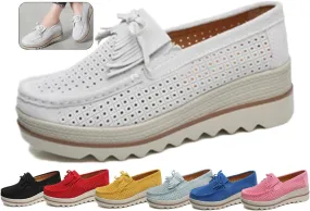 Women's Leather Platform Loafers Faux Suede Comfort Moccasins Comfortable Thick Soled Breathable LoafersWide Low Top Shoes Business Casual Walking Shoes