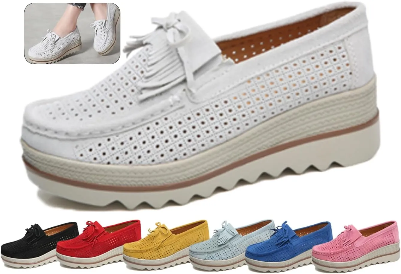 Women's Leather Platform Loafers Faux Suede Comfort Moccasins Comfortable Thick Soled Breathable LoafersWide Low Top Shoes Business Casual Walking Shoes