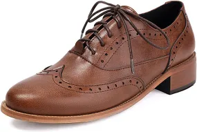 Women's Leather Wingtip Low Chunky Heel Oxfords Vintage Lace-Up Comfort Brogue Saddle Shoes Casual Breathable Business Dress Work Shoes