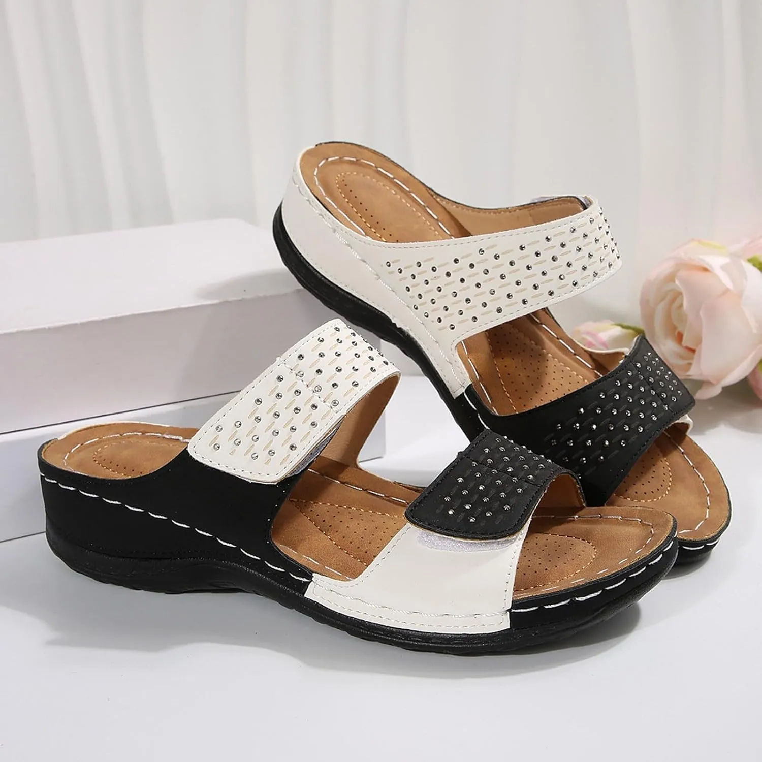 Womens Orthopedic Sandals Arch Support Low Wedge Sandals Open Toe Two Strap Casual Walking Slippers, Summer Casual Comfortable Slip On Beach Sandal Holiday Outdoor