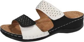 Womens Orthopedic Sandals Arch Support Low Wedge Sandals Open Toe Two Strap Casual Walking Slippers, Summer Casual Comfortable Slip On Beach Sandal Holiday Outdoor