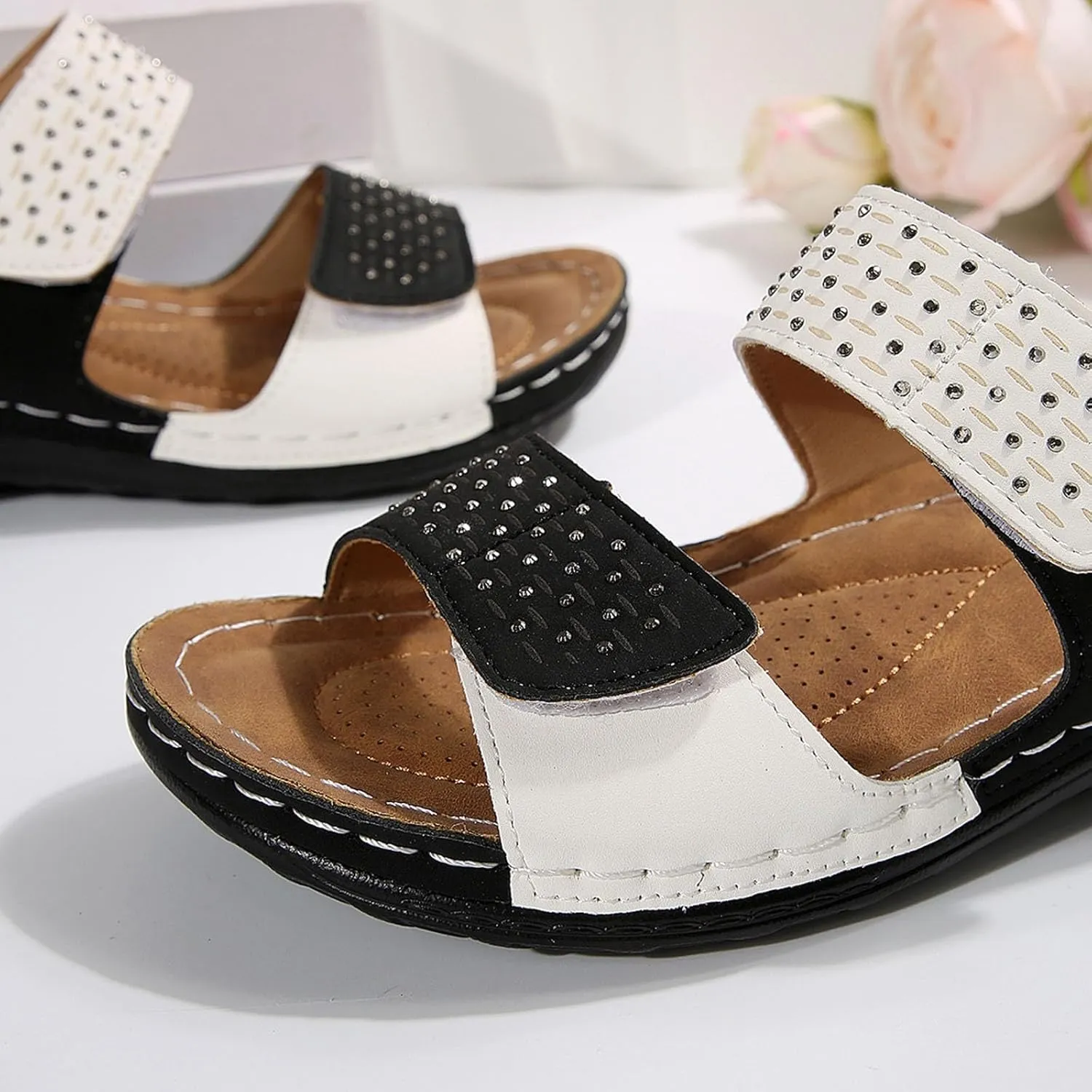 Womens Orthopedic Sandals Arch Support Low Wedge Sandals Open Toe Two Strap Casual Walking Slippers, Summer Casual Comfortable Slip On Beach Sandal Holiday Outdoor