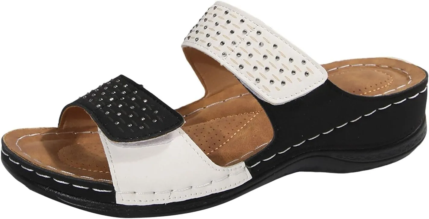 Womens Orthopedic Sandals Arch Support Low Wedge Sandals Open Toe Two Strap Casual Walking Slippers, Summer Casual Comfortable Slip On Beach Sandal Holiday Outdoor