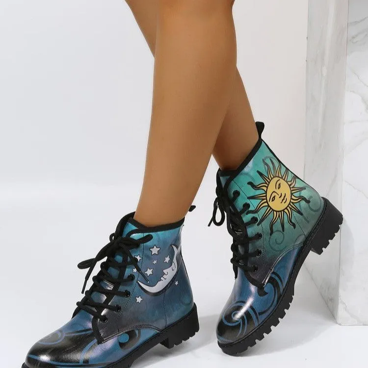 Women's sun moon printed lace-up booties vintage low heels combat boots high cut