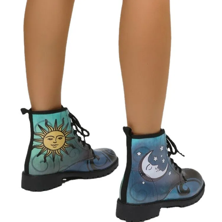 Women's sun moon printed lace-up booties vintage low heels combat boots high cut