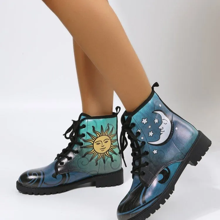 Women's sun moon printed lace-up booties vintage low heels combat boots high cut