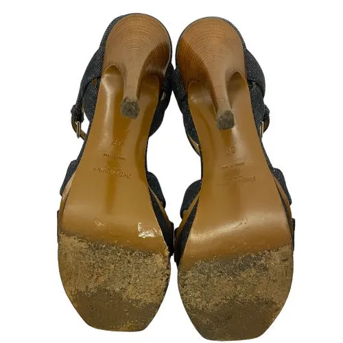 YSL YVES SAINT LAURENT Blue Denim Tribute T Strap Platform Sandals, Size 37