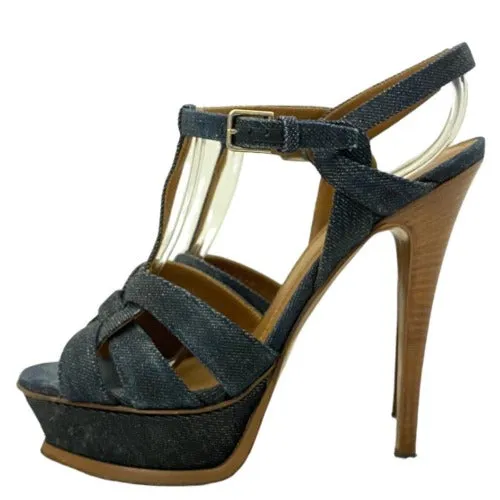 YSL YVES SAINT LAURENT Blue Denim Tribute T Strap Platform Sandals, Size 37