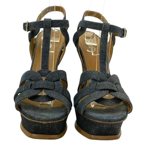 YSL YVES SAINT LAURENT Blue Denim Tribute T Strap Platform Sandals, Size 37