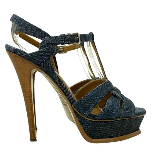YSL YVES SAINT LAURENT Blue Denim Tribute T Strap Platform Sandals, Size 37