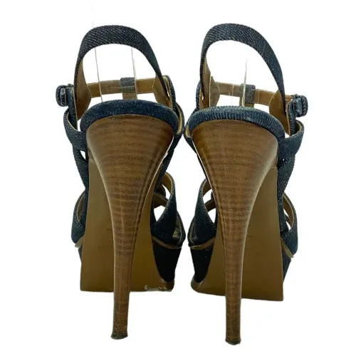 YSL YVES SAINT LAURENT Blue Denim Tribute T Strap Platform Sandals, Size 37