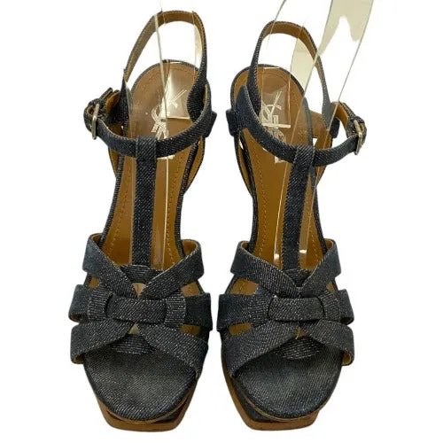 YSL YVES SAINT LAURENT Blue Denim Tribute T Strap Platform Sandals, Size 37